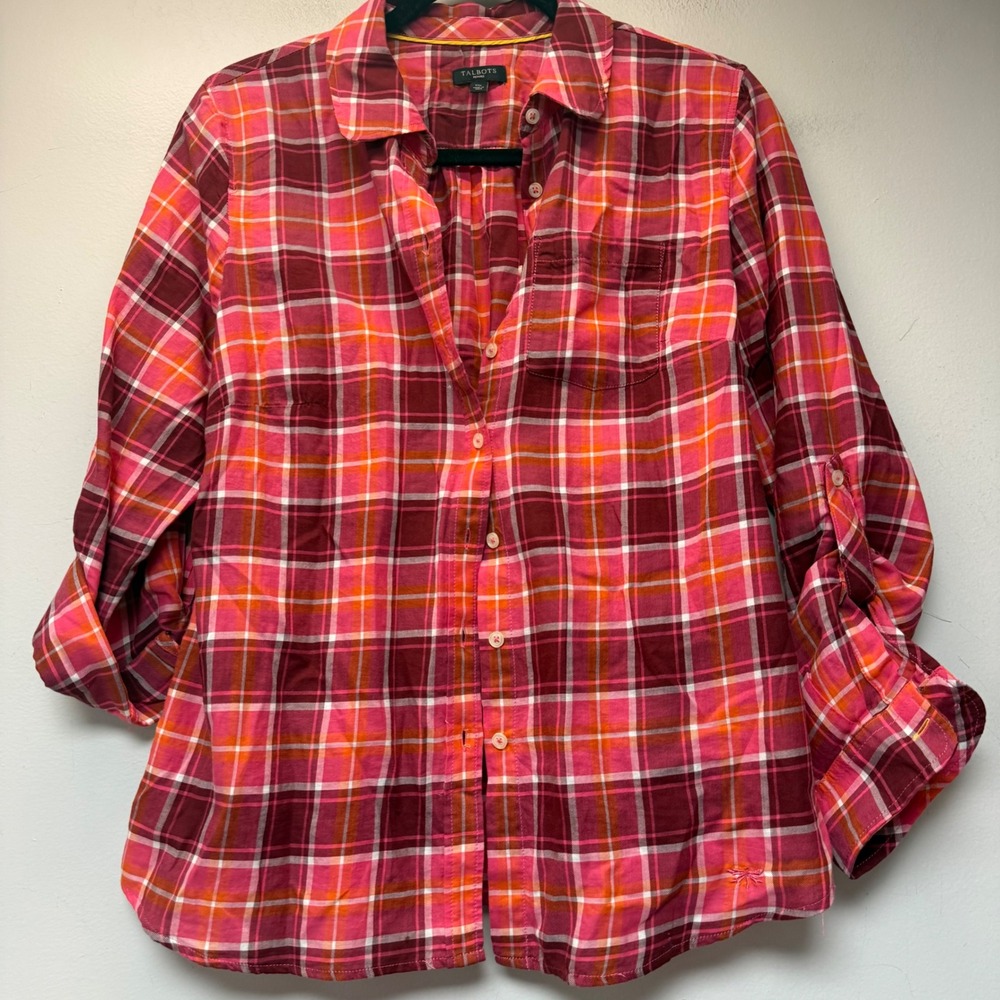 Talbots Button Down Shirt Womens MP Pink Orange Plaid Excellent Roll Tab Cotton